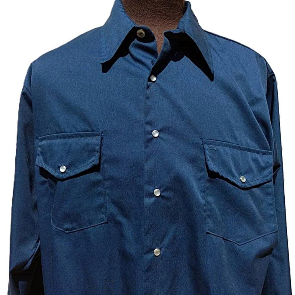 Vintage Workwear Shirt Blue Pearly Snaps Lee Eric Work Uniform 50" Chest